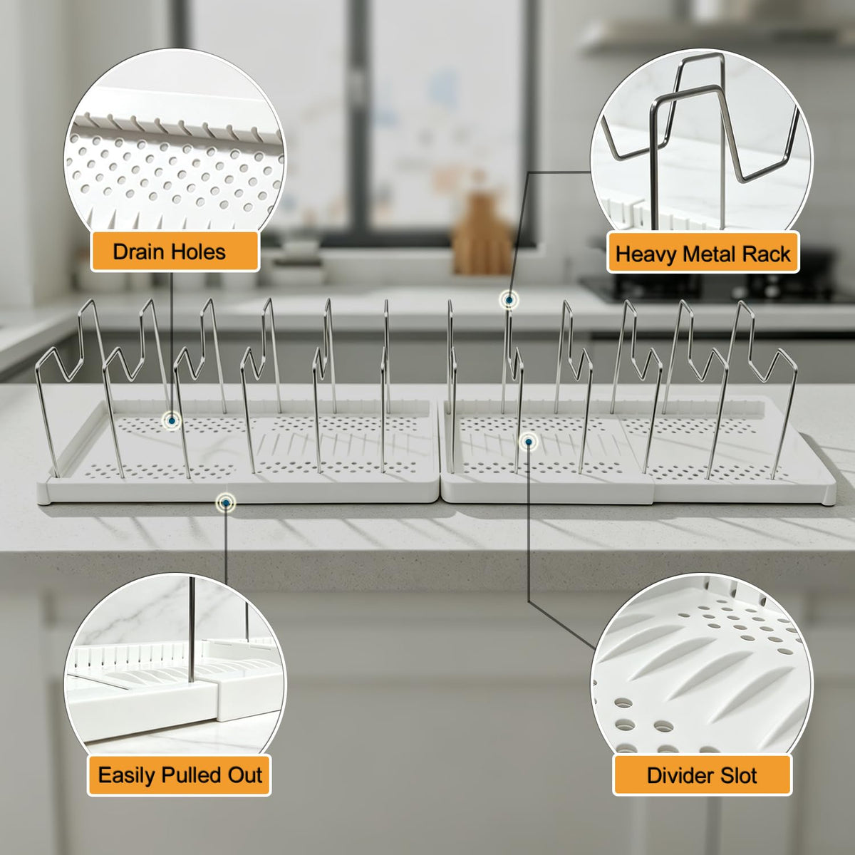 Expandable Pots and Pans Organizer Rack with 12 Stainless Steel Dividers