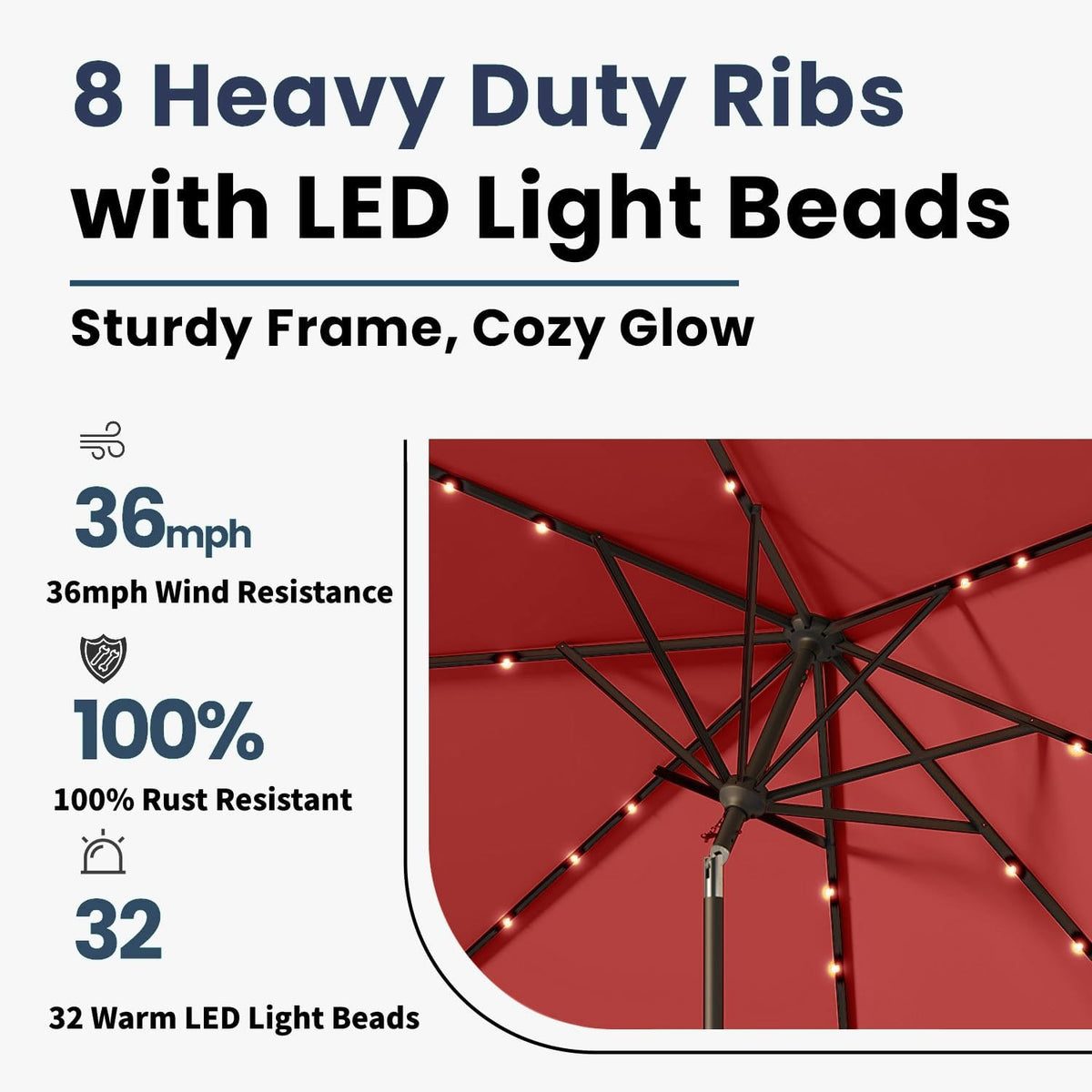 10FT Solar Umbrella 32 LED Lighted Patio Umbrella Table Market Umbrella w/Tilt and Crank, UV-Resistant Outdoor Umbrella for Pool, Garden, Deck, Red