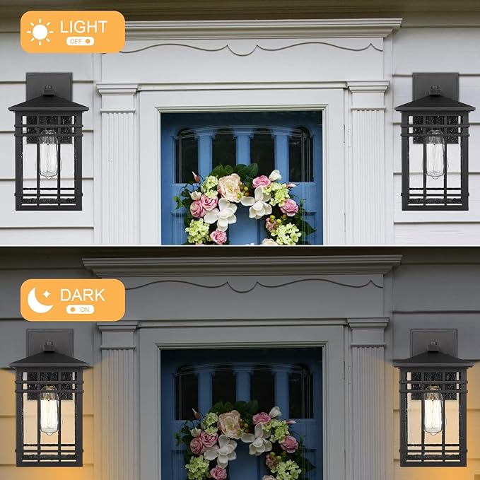 Outdoor Wall Lantern, Exterior Light Fixture, Waterproof Outdoor Wall Lighting Fixture Outside with Seeded Glass for Porch, Garage, Patio, Hallway, Entryway, 2 Pack