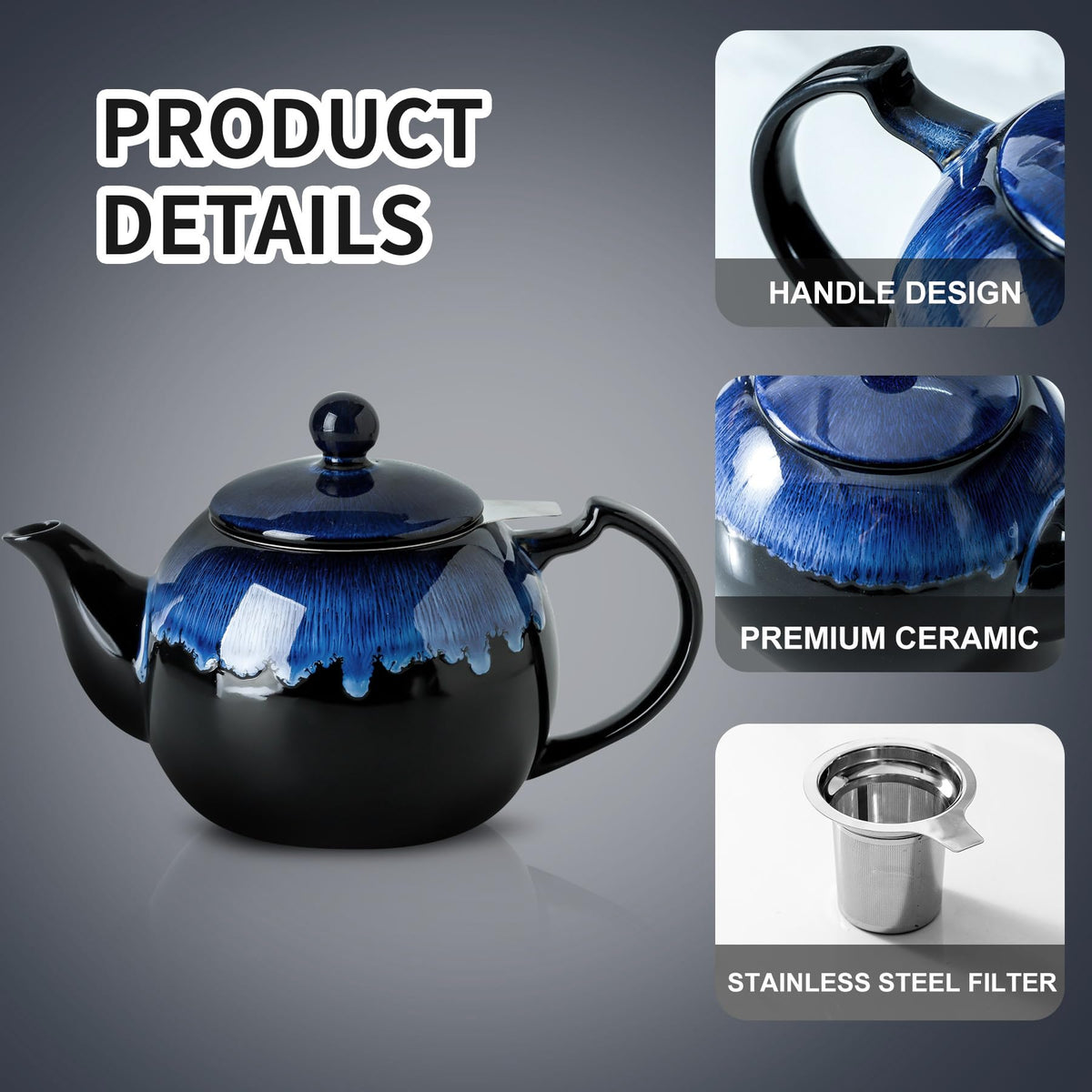 KOOV Tea Pot with Infuser for Loose Tea, 34OZ Ceramic Teapot with Infuser, Enough For 6 Cups, Tea Pots with Tea Strainers for Tea Party, Reactive Glaze (Nebula Blue)
