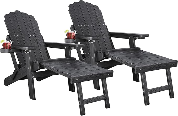 Adjustable Backrest Folding Adirondack Chair Set of 2, Adirondack Chair with Ottoman, Weather Resistant Fire Pit Chair with 2 Cup Holders, for Porch Backyard Outdoor Lawn Pool Deck Beach, Black