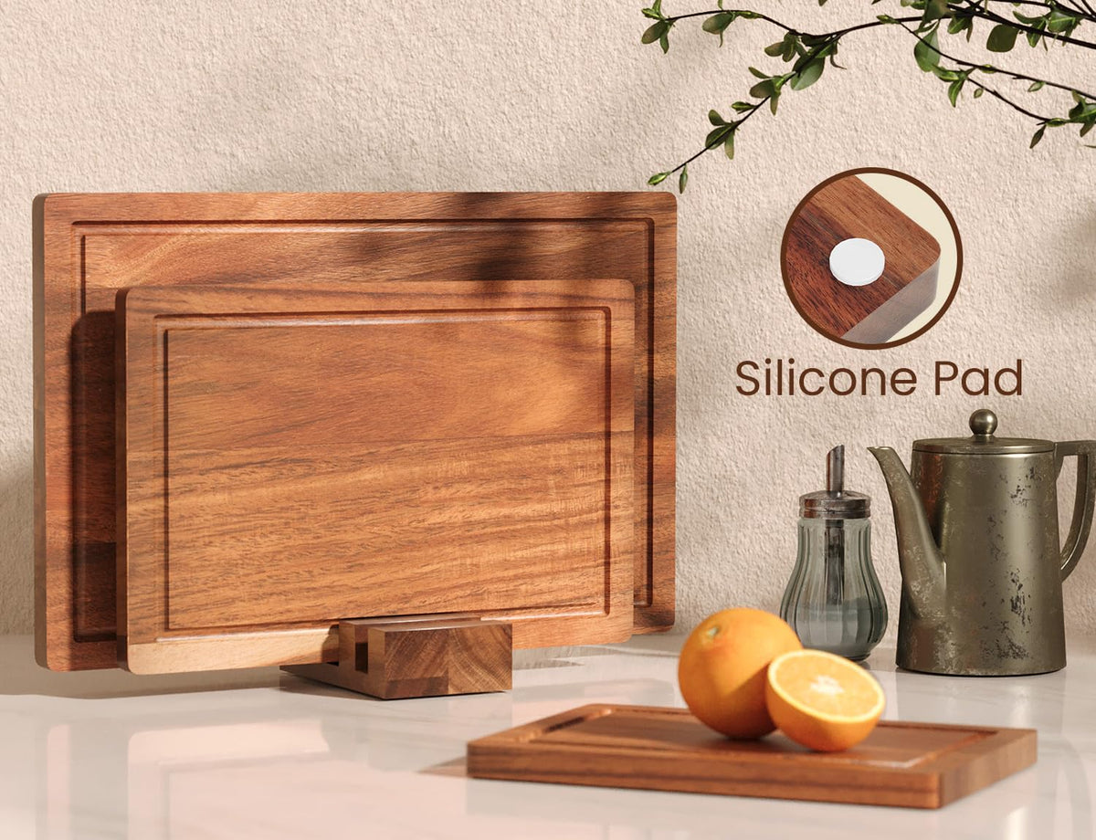 Danfoxer Set of 3 Acacia Wood Cutting Board Set with Stand Holder