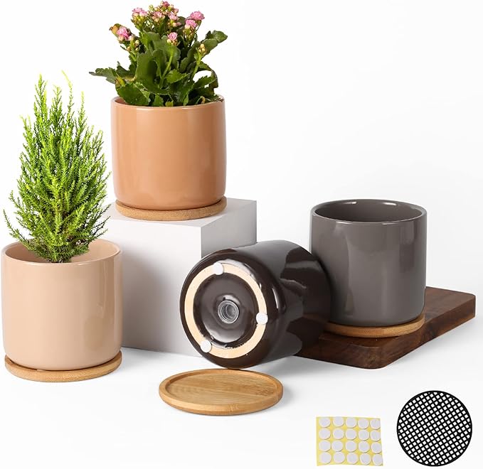 OMAYKEY 4 Inch Ceramic Plant Pot with Saucer, Multicolor Bright Glazed Planters Pots with Drainage Hole and Mesh Pads for Succulent, Indoor Flowers, Snake Plants, Cactus, Herbs, Set of 4