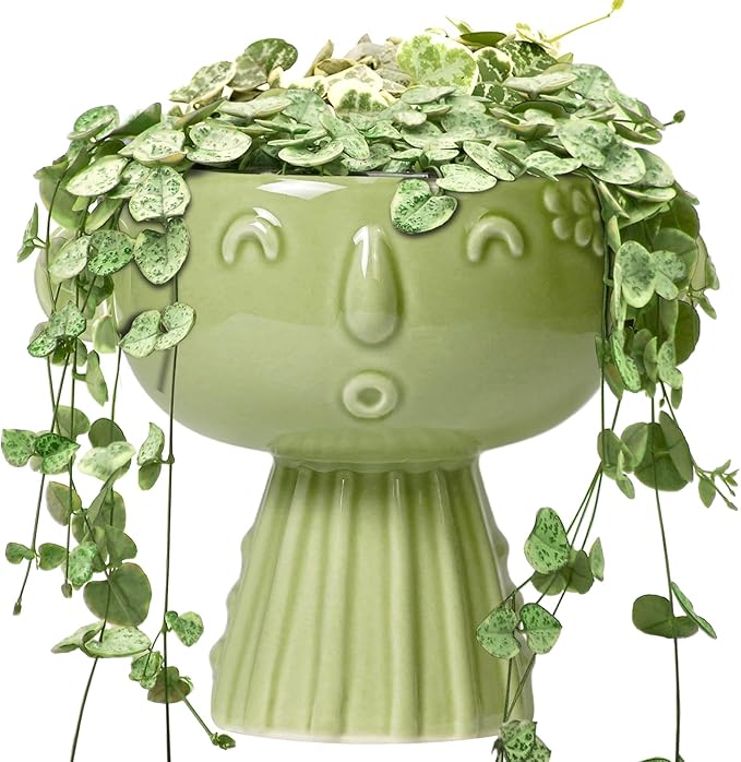 Face Planter Pot - 7 Inch Ceramic Head Planter for Indoor Plants Outdoor, Cute Succulent Flower Pots with Drainage Hole, Room Home Garden Decor, Gardening Gifts, Green