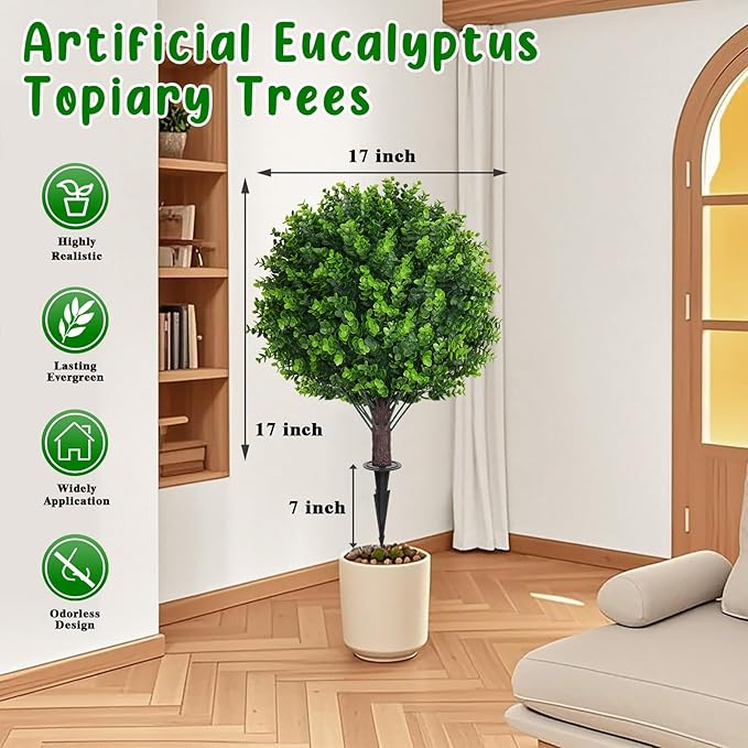 Artificial Topiary Tree with Eucalyptus, Set of 2 Artificial Shrub Bushes with Ground Spike, Fake Evergreen Tree for Porch, Artificial Plants for Outdoor Planters Indoor UV Resistant