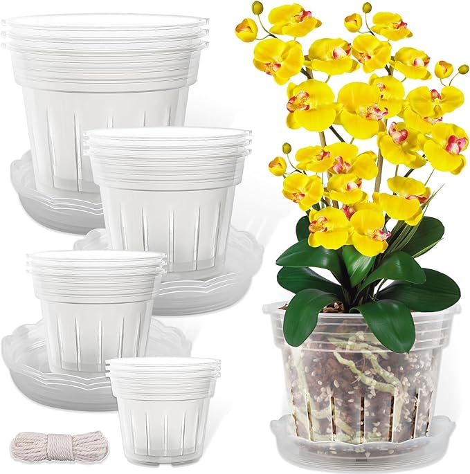 REMIAWY Orchid Pot, 12 Orchid Pots with Holes and 9 Saucers, 3 Each of 4.1, 4.8, 5.7 and 6.4 Inch Clear Flower Planter for Repotting, Plastic Breathable Plant Nursery Planters with Drainage