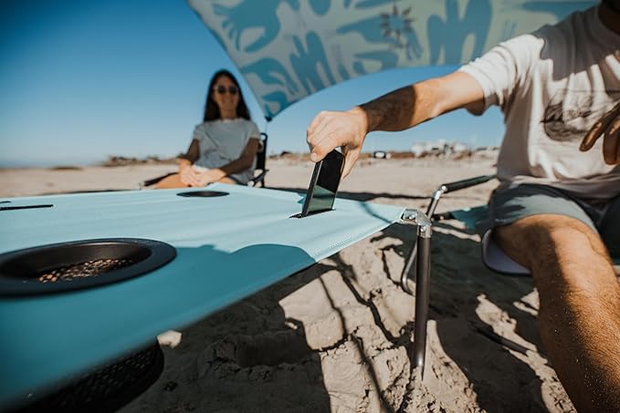 Neso Portable Beach Table with Cup Holders, Cell Phone Pockets, Lightweight for Picnics and Parks (Seafoam)
