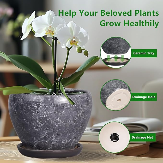 Ceramic Planters for Indoor Plants - 10 Inch Plant Pot with Drainage Hole and Saucer, Large Flower Pot for Home Decor, Gray