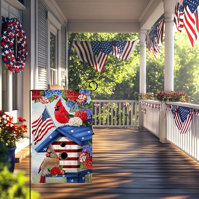 BLKWHT 4th of July Cardinal Bird Garden Flag 12x18 Vertical Double Sided Red Blue Floral Memorial Day Independence Day Holiday Outside Decorations Burlap Yard Flag BW824