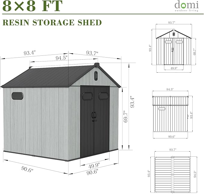 Domi 8x8FT Outdoor Resin Storage Shed with Transparent Windows & Louvered Vents, Plastic Tool Shed with Double Lockable Doors & Gable Roof, Outside Garden Shed for Backyard, Patio, Lawn, Grey
