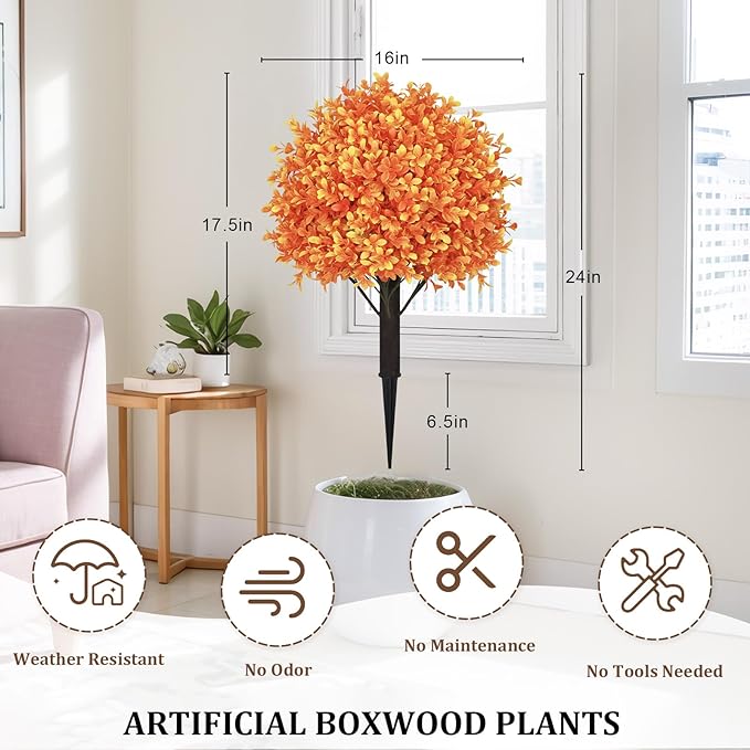 24" Tall Artificial Boxwood Ball Fall Topiary Trees Set of 2, UV Resistant Large Faux Plants Outdoor, 2ft Fake Bushes and Shrubs Look Real with Stake for Front Porch Outside Planter Backyard Decor