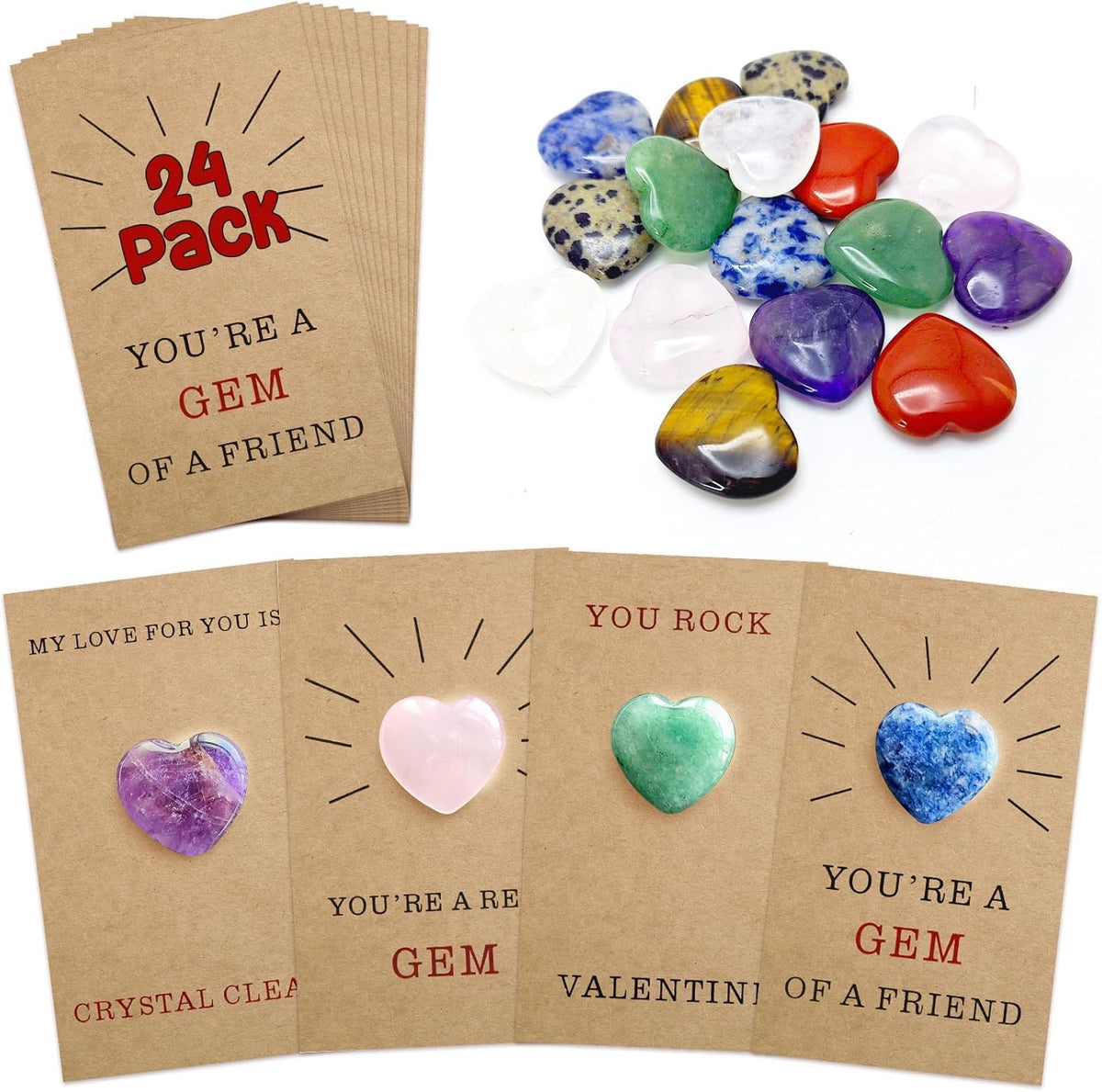 Valentines Day Gifts for Kids - Valentines Cards with Heart-Shaped Crystals (Charms), 24 Pre-packaged Gemstone Valentine's D Perfect for Boys