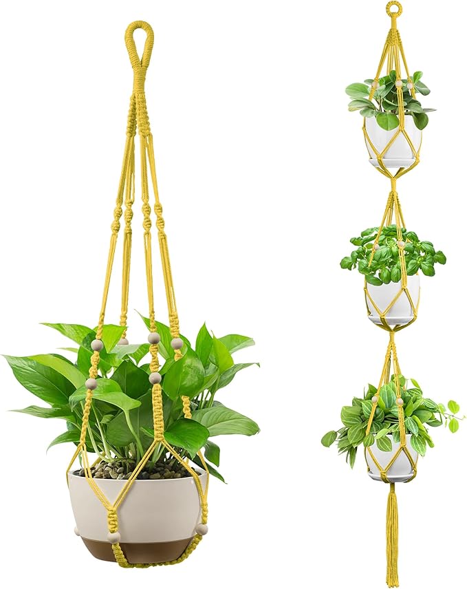USLAI Macrame Plant Hanger Indoor Outdoor, Up to 4-15 inch Pot, Heavy 20lb Planters, Extra Long Strong Hanging Planter Basket Holder, Boho Home Decor, 35+72 Inch, Yellow (POTS NOT Included)