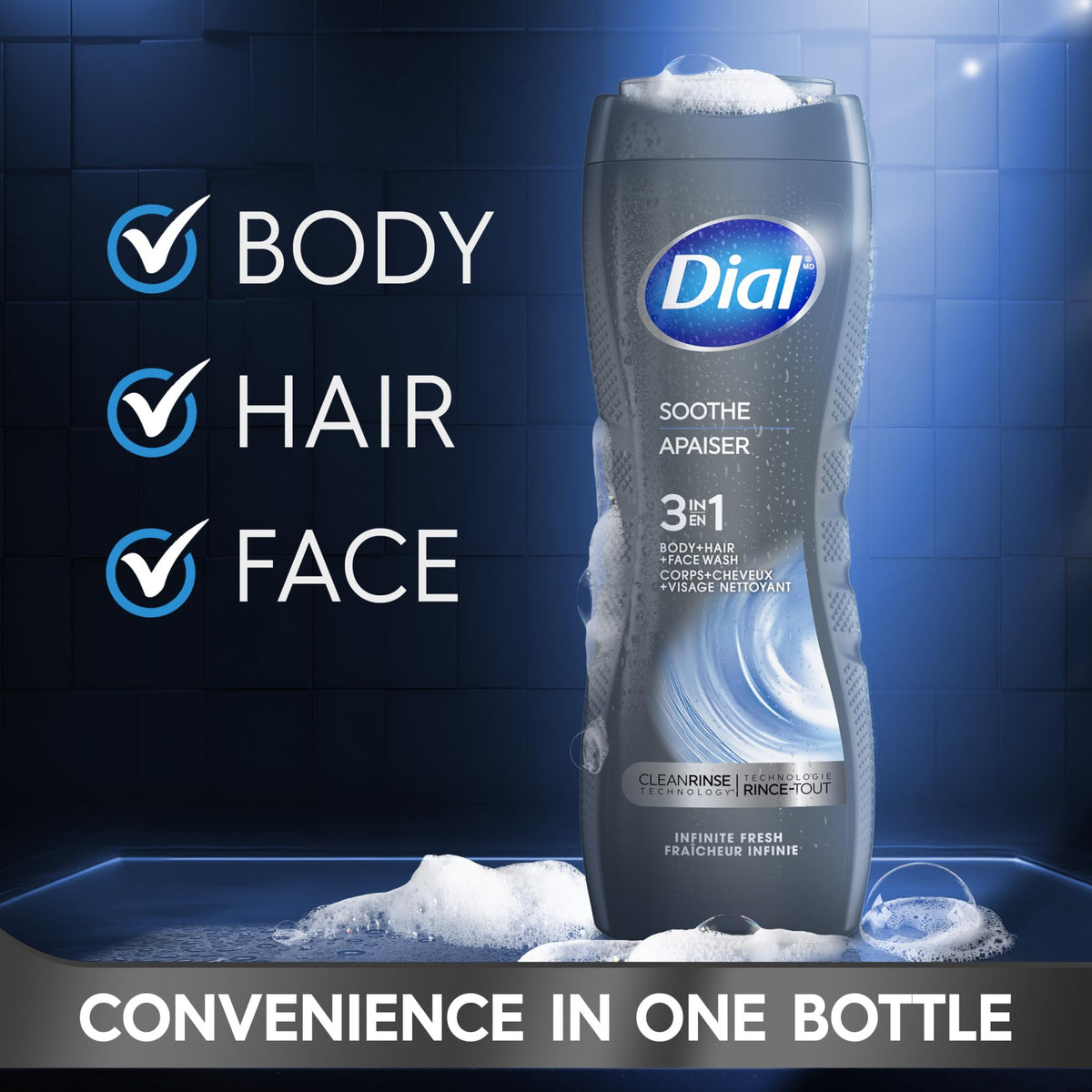 Dial Men 3 in 1 Body, Hair and Face Wash, Soothe, 16 Fl Oz, 4-Pack