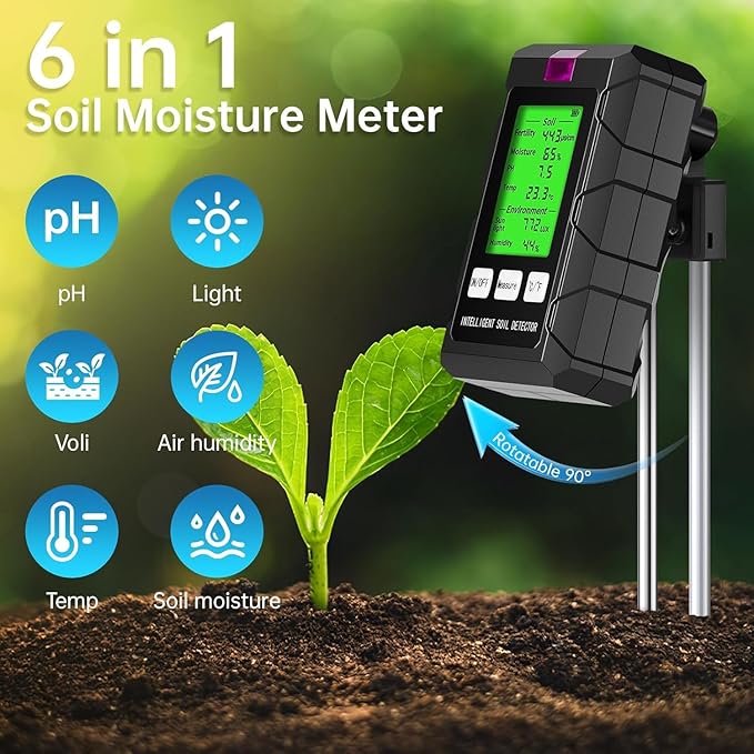 6-in-1 Soil Moisture Meter, pH/Temperature/Soil Moisture/Sunlight/Air Humidity/Soil Fertility Soil Tester for Farming, Gardening, Lawns and Outdoor Plants (2*AAA Battery Needed)