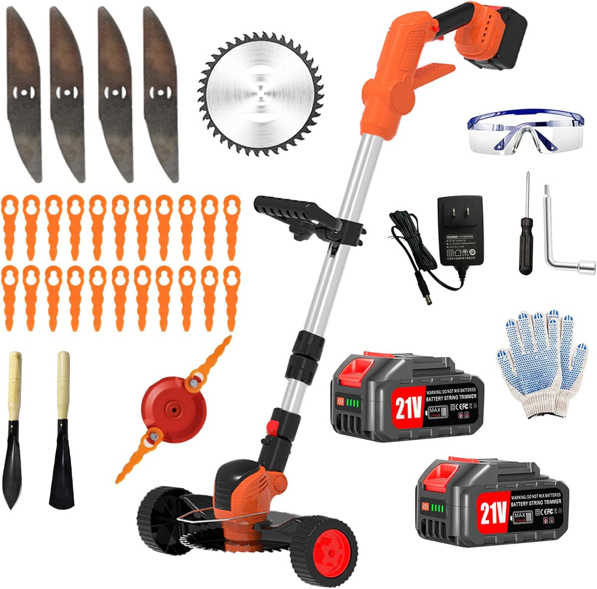 Electric Weed Wacker Cordless Eater Battery Powered 21V Lightweight No-String Weed Trimmer 3 in 1 Stringless Grass Trimmer/Edger/Brush Cutter with 3 Types Blade & Wheels for Yard and Garden-Orange