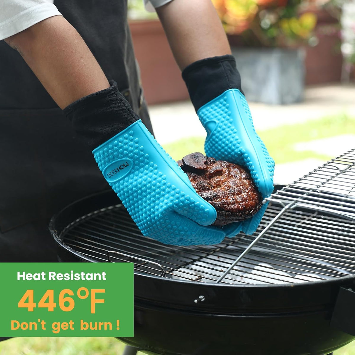 GEEKHOM BBQ Gloves Heat Resistant Oven Mitts - Silicone Grilling Gloves with 13.7" Arm Protection - Waterproof Pot Holder Non-Slip for Men & Women, Kitchen Outdoor Cooking, Baking, Camping, Blue