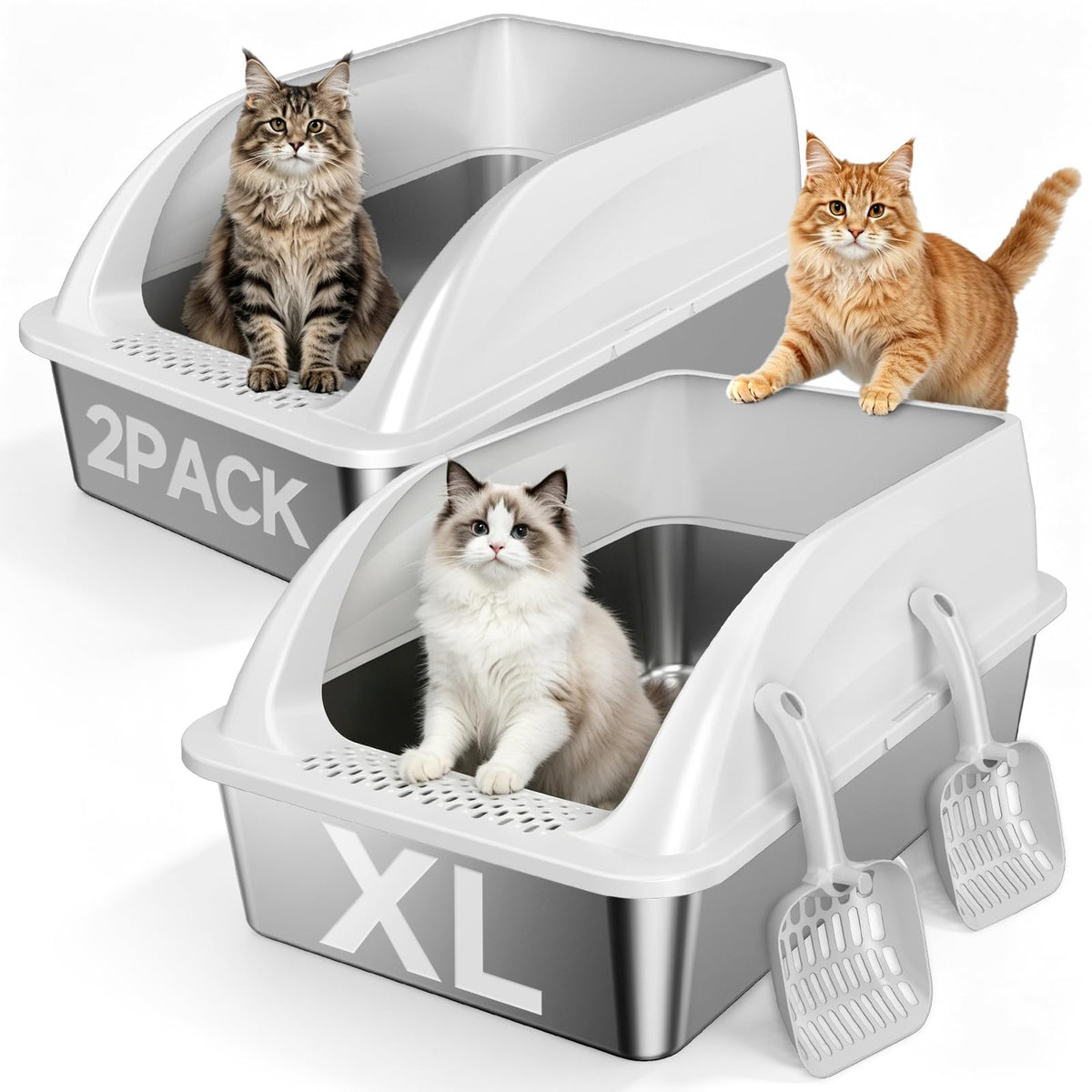 Tevila 2 Pack XL Stainless Steel Litter Box with High Sides for Large Cat