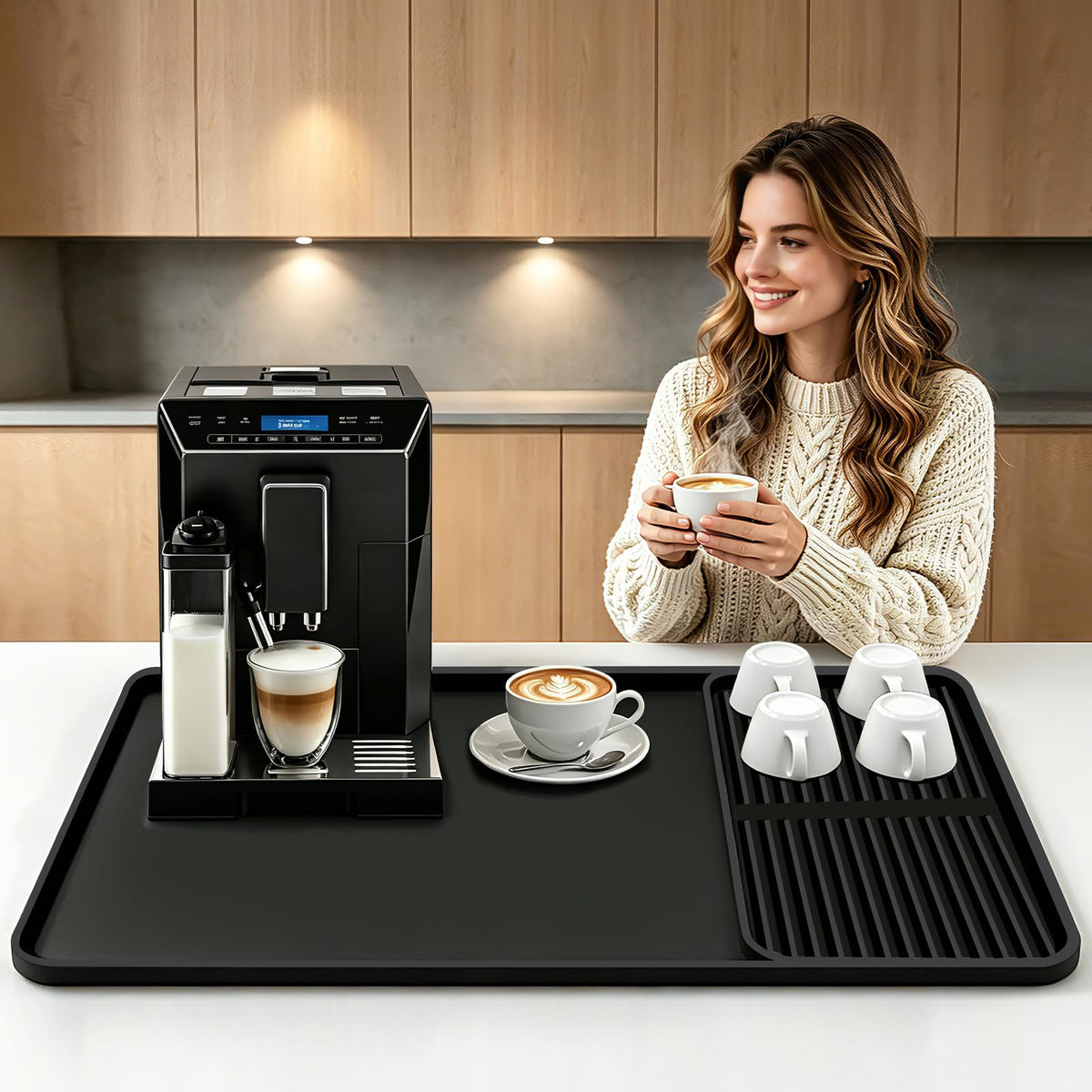 Coffee Mat with Detachable Dish Drying Mat，24'' x 16'' Large Silicone Coffee Bar Station Mat for Countertop, Stays in Place, Waterproof and Heat Resistant Machine Accessories Mat with Raised Edges