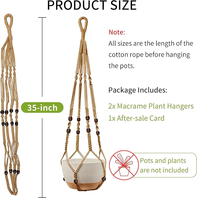 35 Inch Macrame Plant Hanger - Fits 4-13 Inch Pots, Supports Up to 22lbs, Sturdy Hanging Planter Holder for Indoor Outdoor, Boho Home Decor, 2 Pack, Brown (POTS NOT Included)
