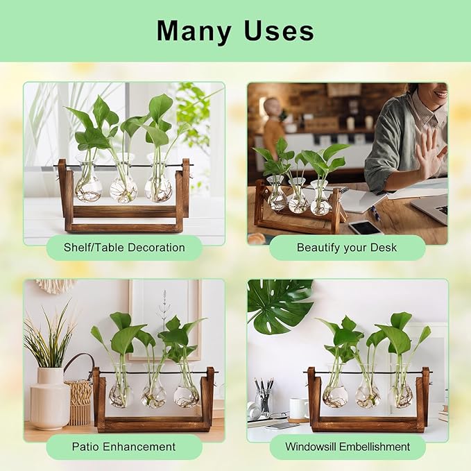 YIBOT Propagation Stations,Plant Terrarium with Retro Wooden Stand, Unique Gardening Birthday Gifts for Women Plant Lovers, Hydroponics Plants Home Office Garden Decor - 3 Bulb Glass Vases