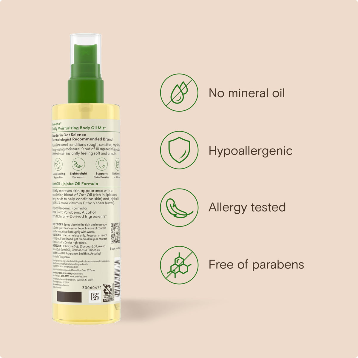 Aveeno Daily Moisturizing Body Oil Mist with Oat Oil and Jojoba Oil for Rough, Dry, Sensitive Skin, Nourishing Body Spray for Smoother, More Even Skin, Paraben- & Silicone-Free, 6.7 fl. oz