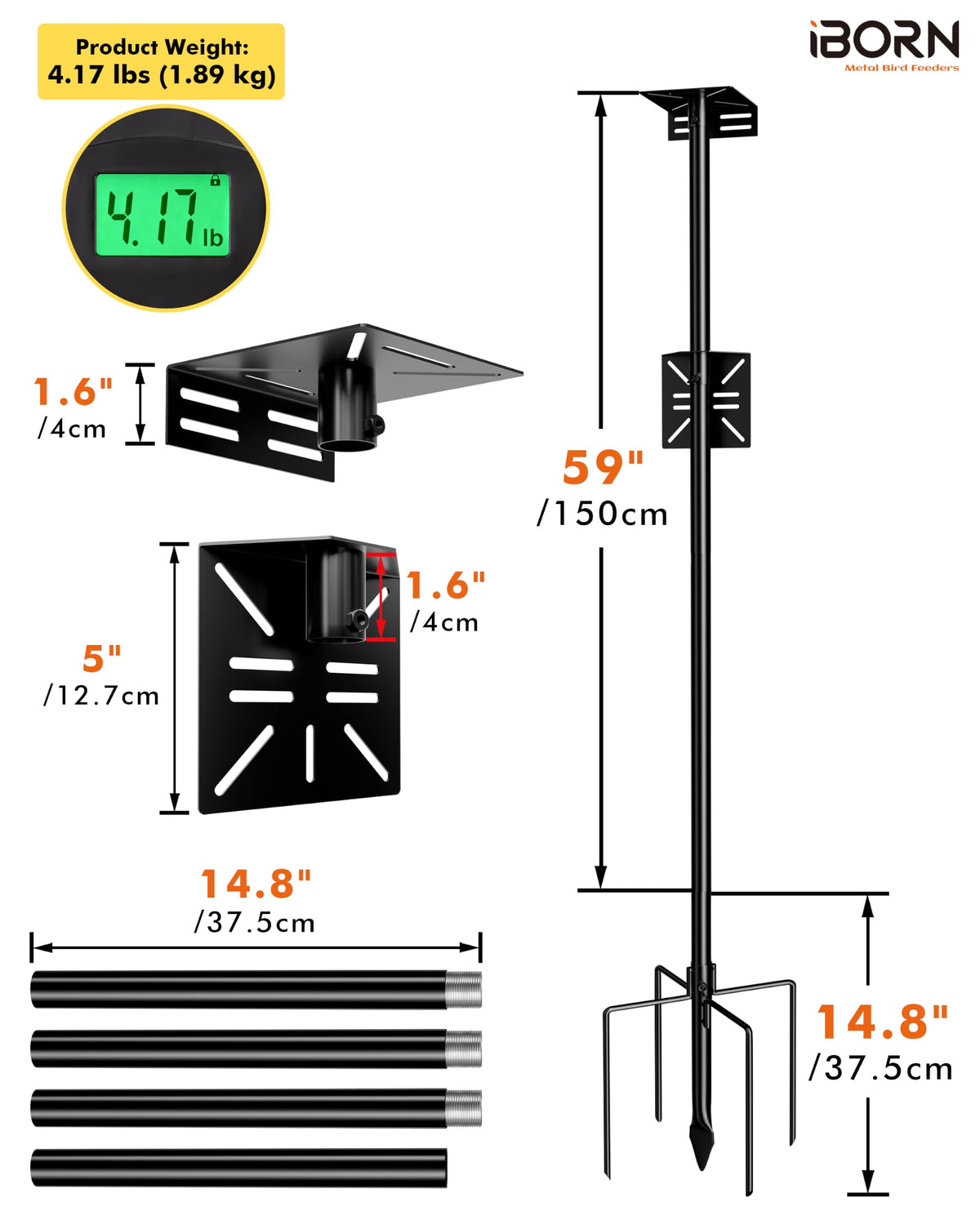 iBorn Camera Bird Feeder Pole 3in1 Compatible Bird Feeder Poles for Outdoors Heavy Duty,59inch Adjustable Height Bird House Pole Mount Kit Bracket Universal for Smart Feeder/Birdhouse