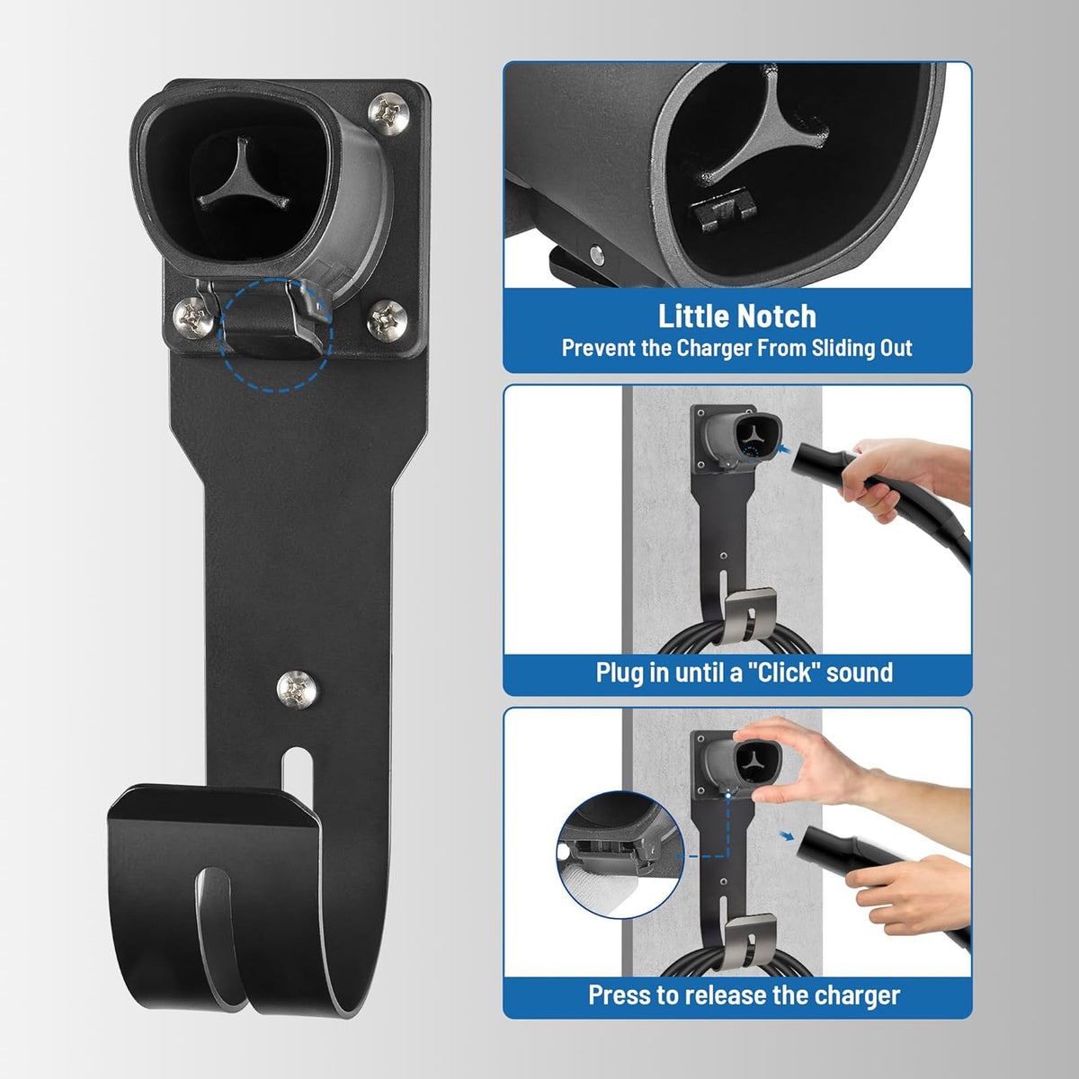 MECMO for Tesla Charger Holder - Wall Mount Dock & J-Hook for Model 3/Y/X/S, Heavy Duty Steel EV Charging Cord Hanger Compatible with NACS Connector