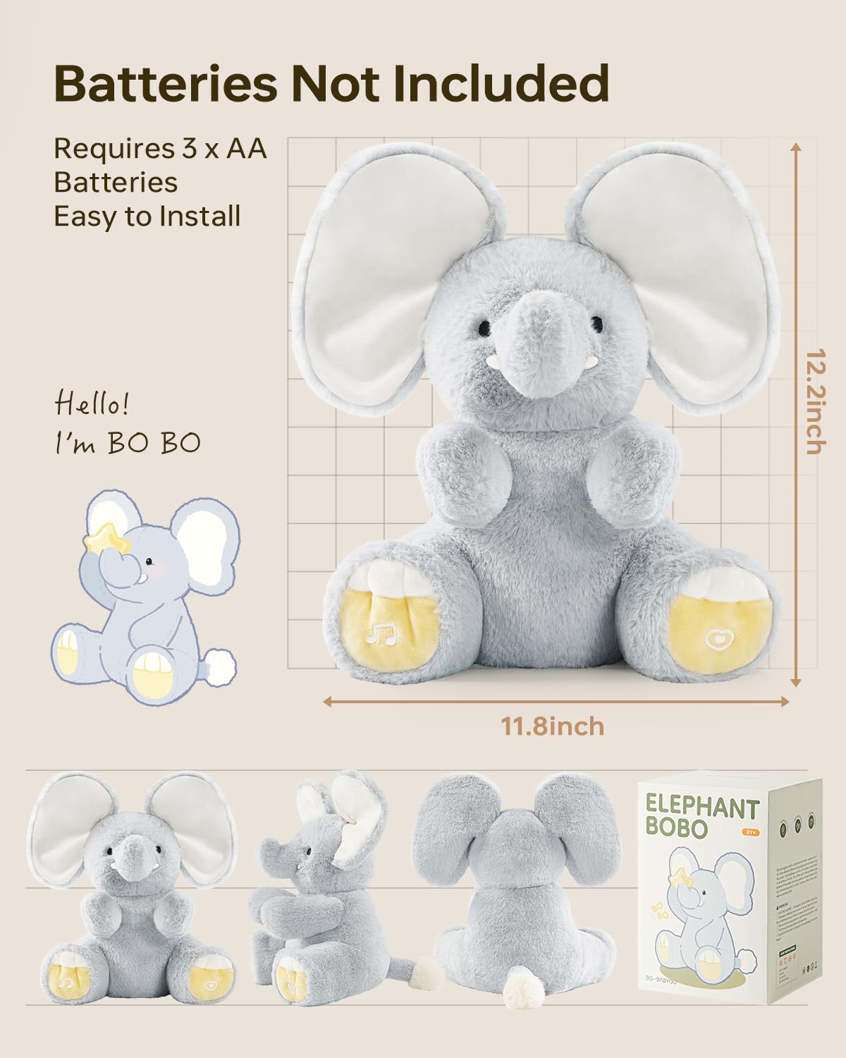 Peek A Boo Elephant Toy, Interactive Singing Plush Elephant, Moving Ears