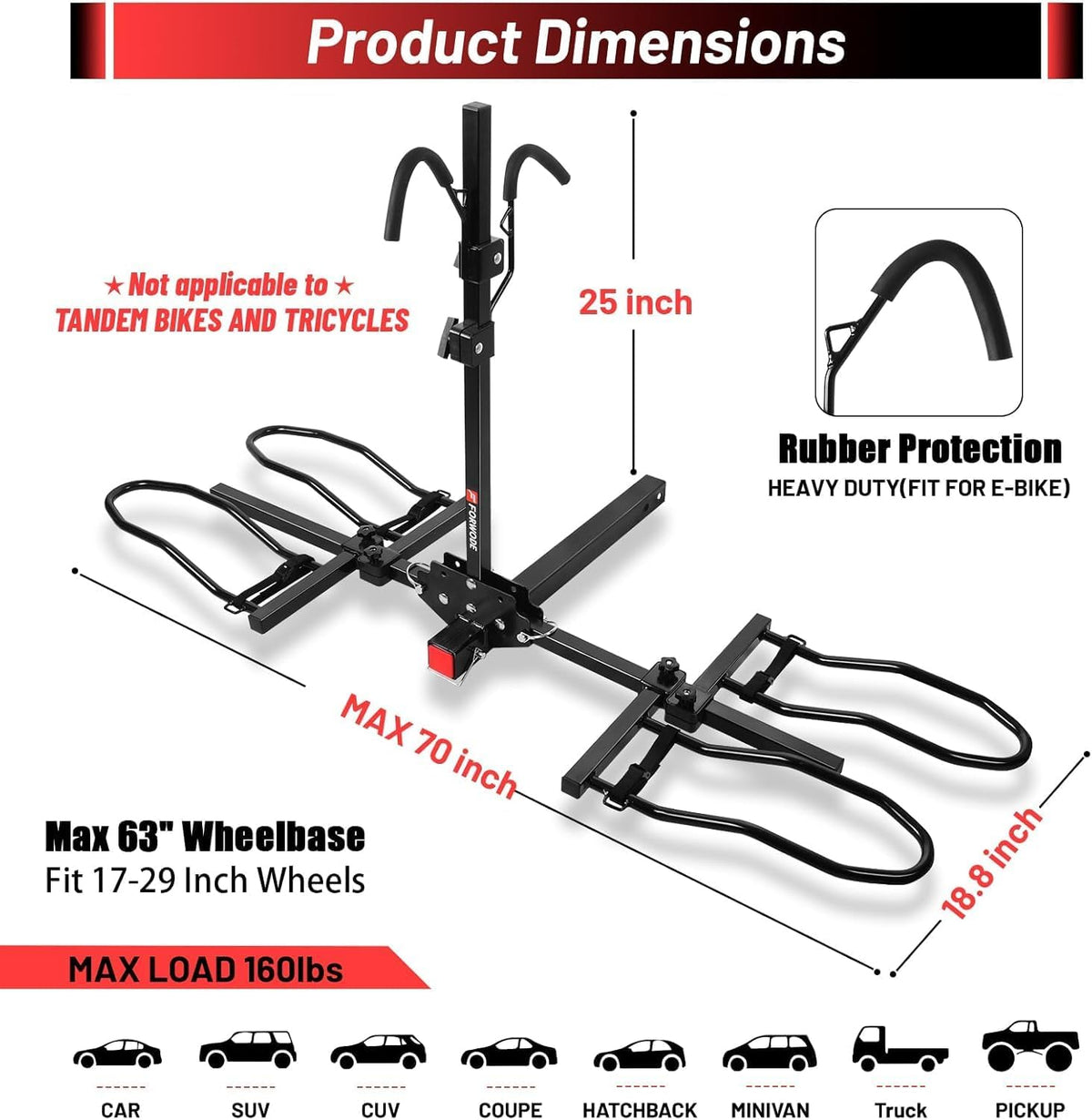 FORWODE 2" Hitch Mount Bike Rack Fits 2 X 80 lbs Bicycle, Platform Bike Rack for Car SUV Truck Standard, Foldable Wobble Free, Locking Hitch,Fat and Standard (A- Early Edition)