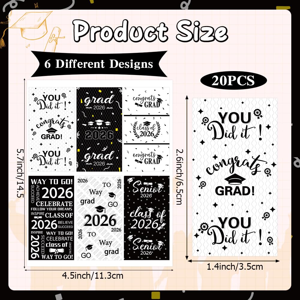 Graduation Party Decorations 2026 Graduation Label Stickers, 120PCS Congrats Grad Mini Black White Candy Wrapper Class Of 2026 Chocolate Bar Sticker