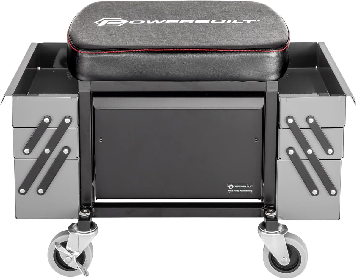 Powerbuilt Rolling Seat with Expandable Tool Trays, Roller Toolbox Garage Stool - Grey 941918ECE