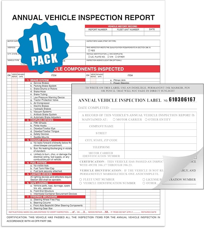 Goldenfox DOT Inspection Forms and Stickers. 10-Pack,3-Ply Carbonless Annual Vehicle Inspection Report Form(8.5" x 11.75") with 2-Ply Vinyl White Interior Inspection Label(5"x4")