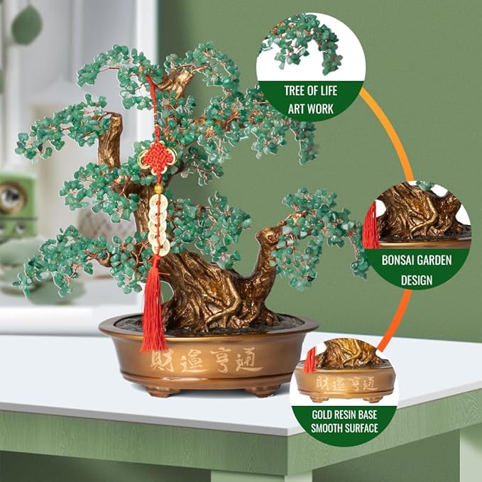 Green Aventurine Gemstone Crystal Bonsai Tree of Life（1,350 Gemstone Count） Large Feng Shui Money Chakra Tree for Luck and Wealth Desk Decoration 20 Inches