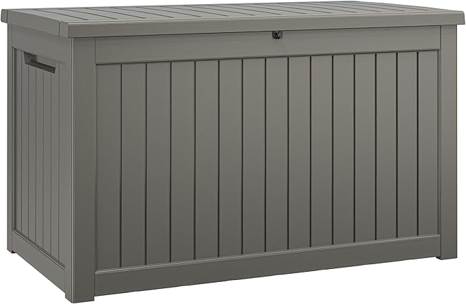 NUNU LAB 230 Gallon Large Resin Deck Box, Waterproof Outdoor Storage Box, Lockable Storage Bin for Patio Furniture, Garden Tools, Pool Accessories, UV-Resistant & All-Weather, Grey
