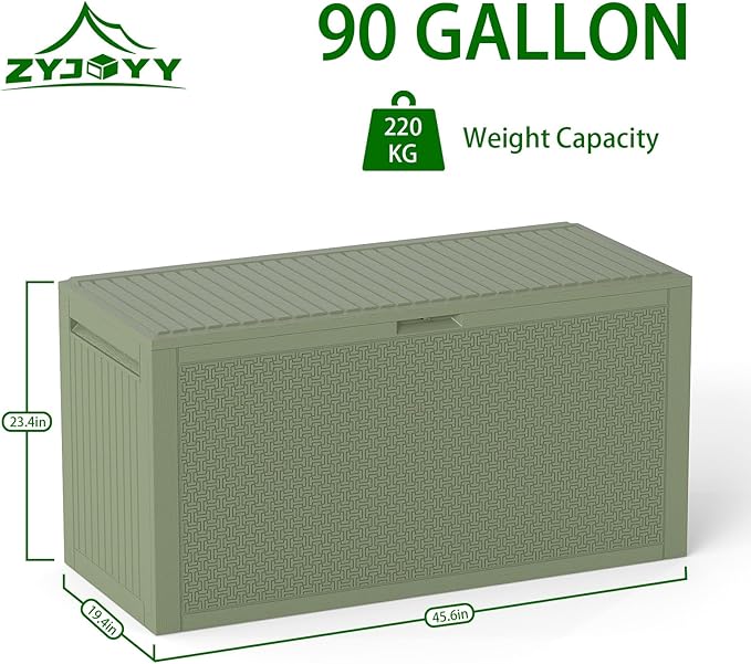 Outdoor Storage Box, 90 Gallon Deck Box, Waterproof Resin Storage Bin for Patio Cushions, Gardening Tools, Lockable, UV Resistant,Olive Green