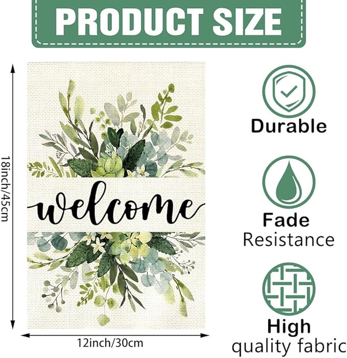 Spring Floral Welcome Garden Flag 12x18 Inch Double Sided Outside, Eucalyptus Seasonal Farmhouse Yard Outdoor Flag
