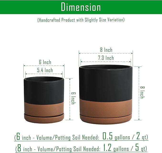 D'vine Dev 6 Inch & 8 Inch Ceramic Planter Pots for Plants with Drainage Hole and Saucer, Medium Plant Pots Set, Black/Speckled Tan, 94-G-M-7