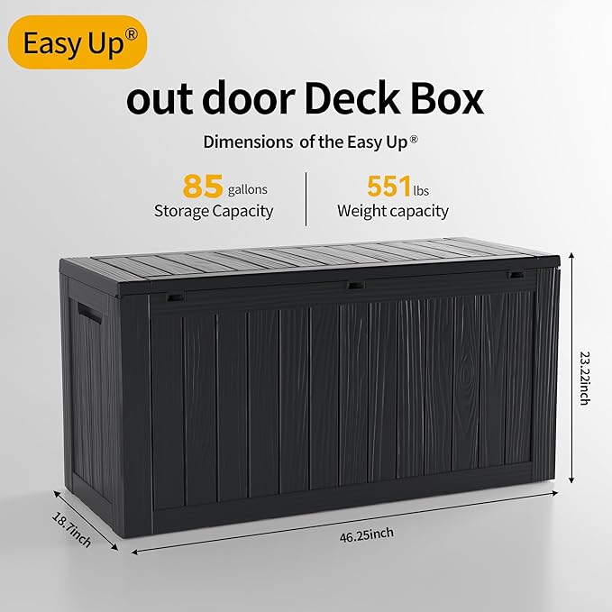 80 Gallon UV Resistant Outdoor Storage Box Waterproof, Lockable Resin Deck Box for Garden Tools, Sports Equipment and Cushions, Black