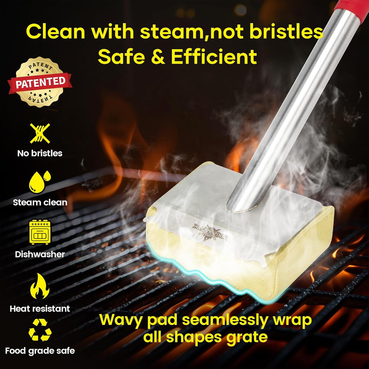 Grill Brush Bristle Free,Aramid Fiber Wavy Pad Seamless-Fit Cast Iron/Stainless-Steel Grates,BBQ Replaceable Scraper Cleaning Head,Safe Grill Cleaner for Outdoor Grill,Gifts for Men/Dad