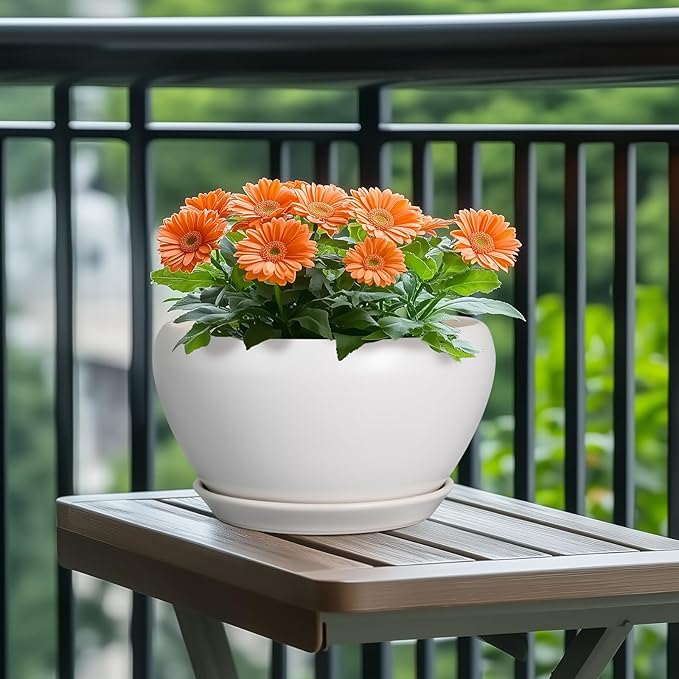 Ceramic Planter for Indoor Plants - 11 Inch Plant Pot with Drainage Hole and Saucer Decorative Round Large Planter Pot for Plants Outdoor Flower Pot for Garden White