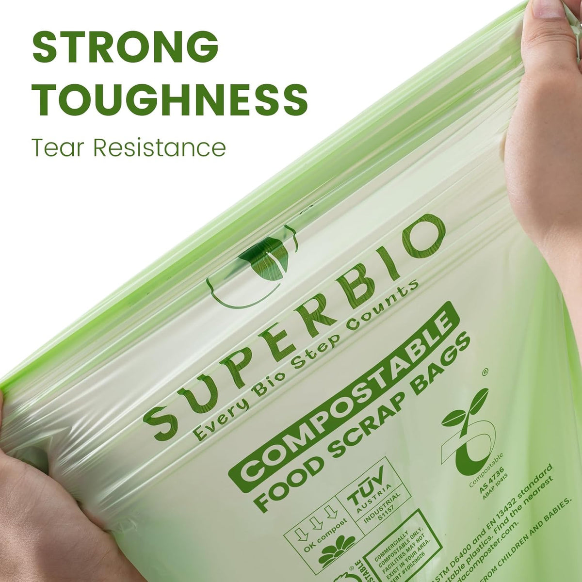 SUPERBIO 13 Gallon Handle Tie Compostable Food Waste Bags, 30 Count, 2 Pack, ASTM D6400, BPI and OK compost INDUSTRIAL, 49.2L, 0.87 Mil