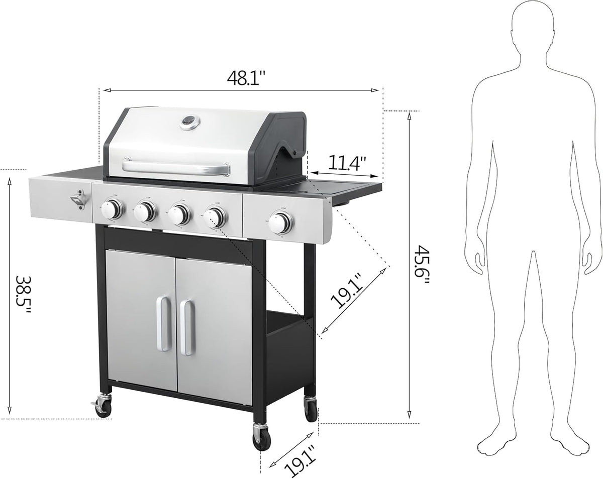 4-Burner Propane Gas BBQ Grill with Side Burner, 46,790 BTU Output, Enameled Cast Iron Grates, Heavy-Duty Stainless Steel Outdoor Grill for Backyard Barbecue