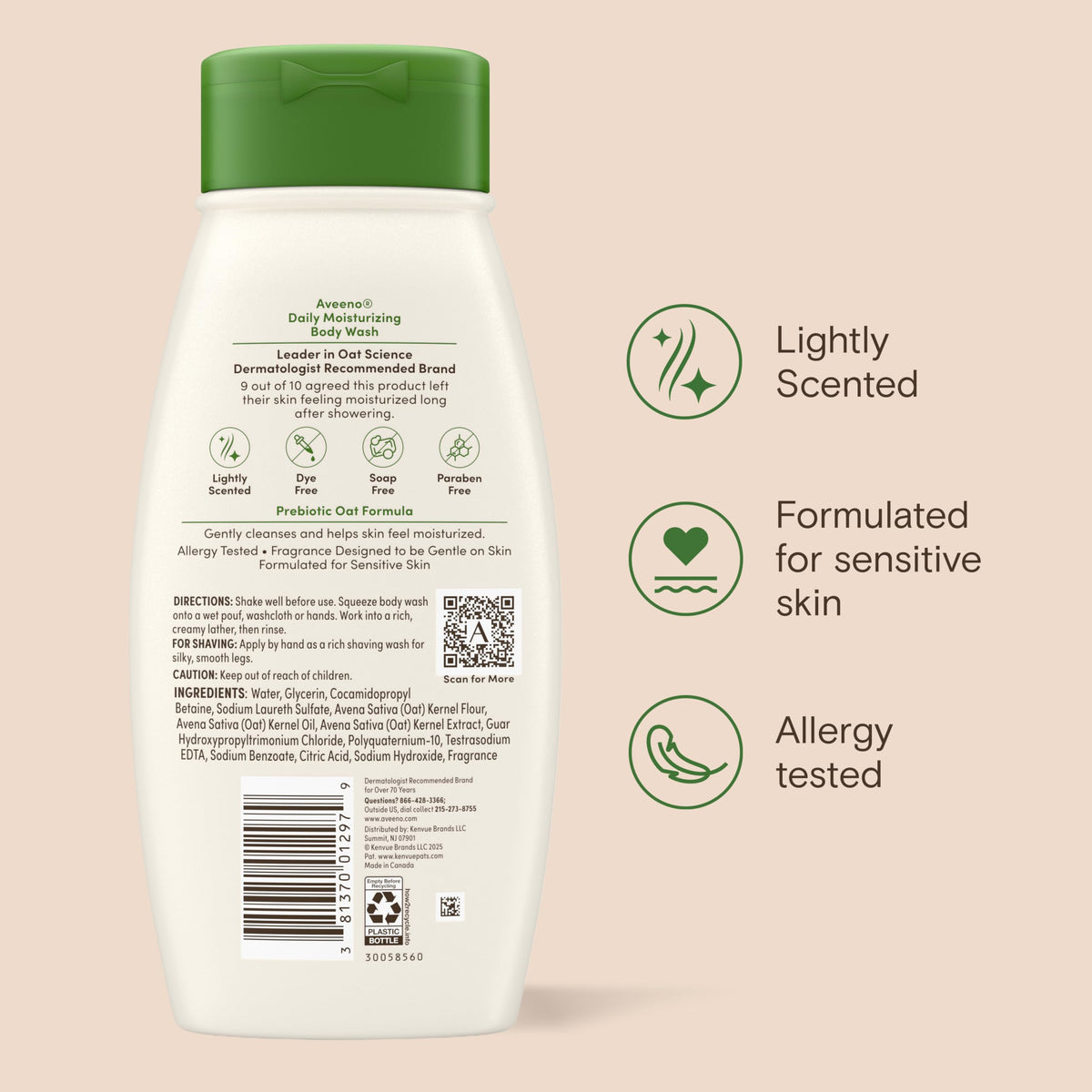 Aveeno Daily Moisturizing Body Wash with Prebiotic Oat, 18 fl. oz, 2 Pack