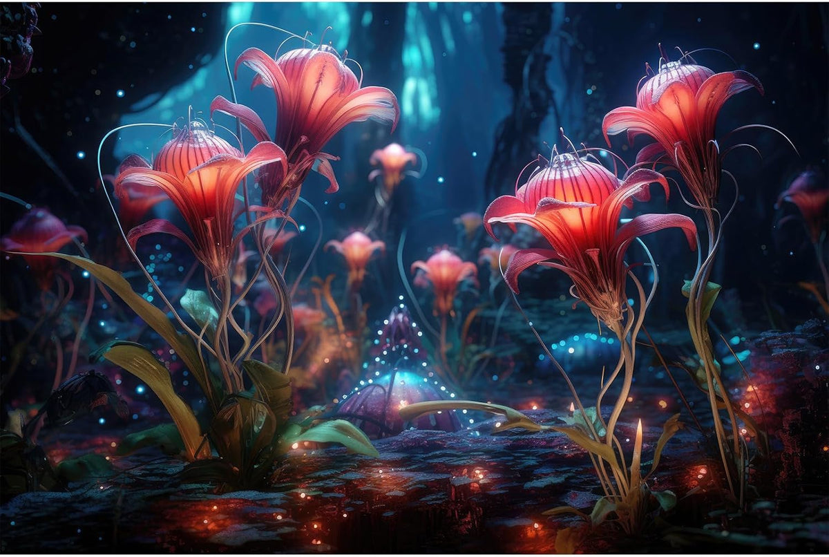 Aquarium Background Beautiful Red Translucent Flowers Terrarium Background Abstract Fantasy Plants Underwater World Tank Poster Glowing Flowers Foggy Forest Fish Tank Background Decors Vinyl 60x24in