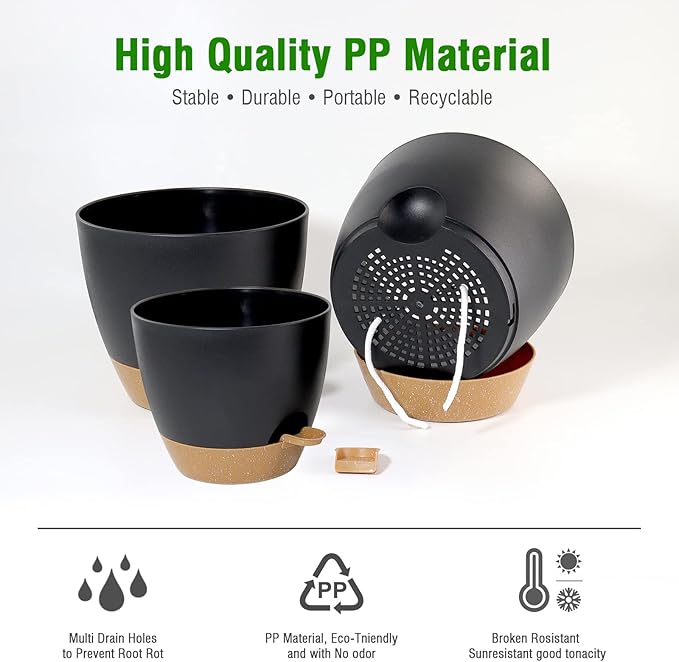 Large Self Watering Pots, 12/10/9 Plastic Planters with High Drainage Holes and Deep Reservoir for Indoor Outdoor Garden Plants and Flowers, Black with Brown