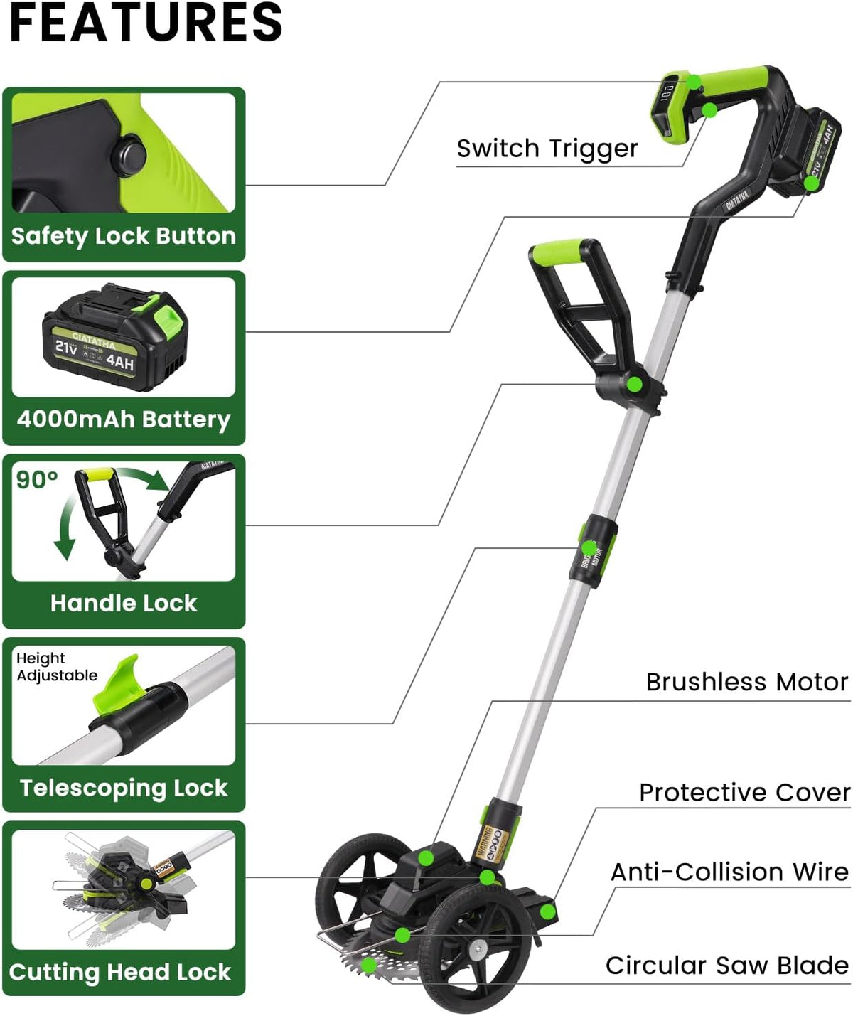 Electric Weed Wacker Cordless with Wheel, Brushless Grass Trimmer with 21V 4.0Ah Battery and Fast Charger, 3 Types of Blades String Trimmer, Weed Eater Battery Powered, Grass Cutter Machine