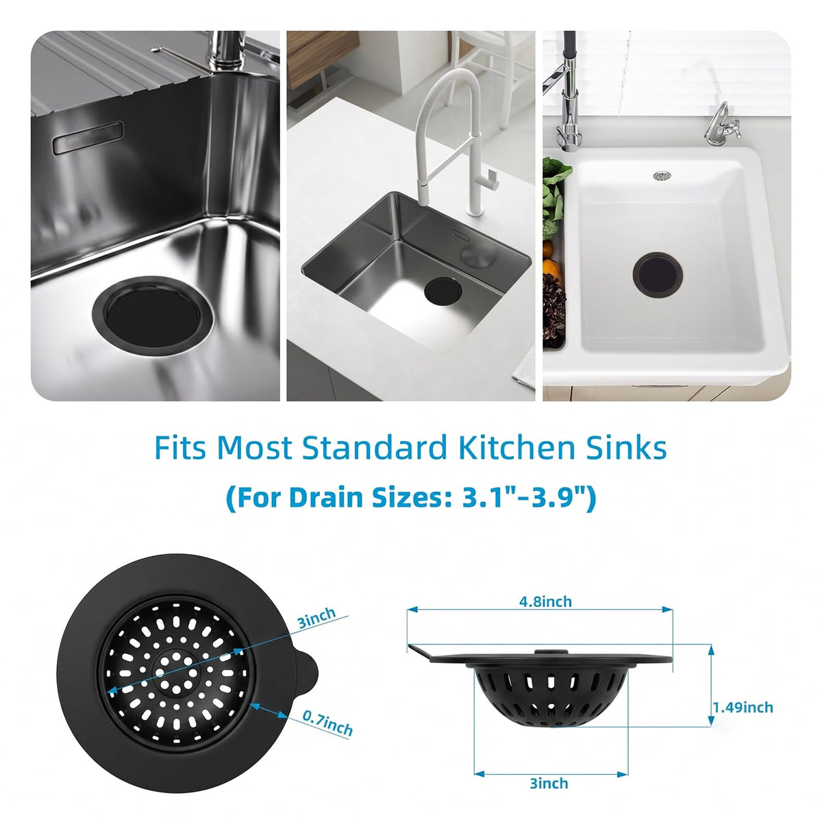 4 Pack Silicone Kitchen Sink Drain Catcher with Lid, 4.4" Top / 3" Mesh Basket, Grey Strainers for 3.1–3.9 Inch Openings, Anti-Clog Reusable Sink Stopper Covers, Odor-Proof & Easy to Clean-Black