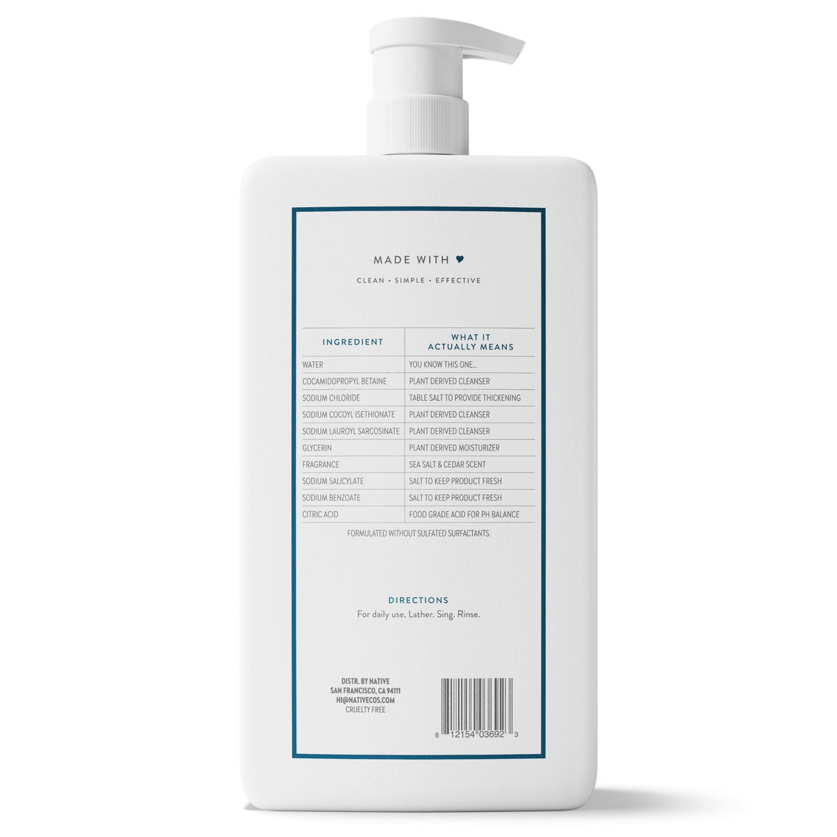 Native Clean Body Wash, Gentle & pH-balanced for Sensitive Skin, 24-Hr Freshness for Women & Men, Vegan & Cruelty-Free, Free of Sulfates, Parabens & Phthalates, Sea Salt & Cedar, 36 oz