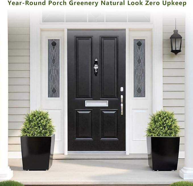 THE BLOOM TIMES 2ft Faux Boxwood Plants Outdoor Set of 2, Topiary Balls Artificial Outside Trees, 24" UV Resistant Fake Greenery Bushes & Shrubs for Front Porch Planter